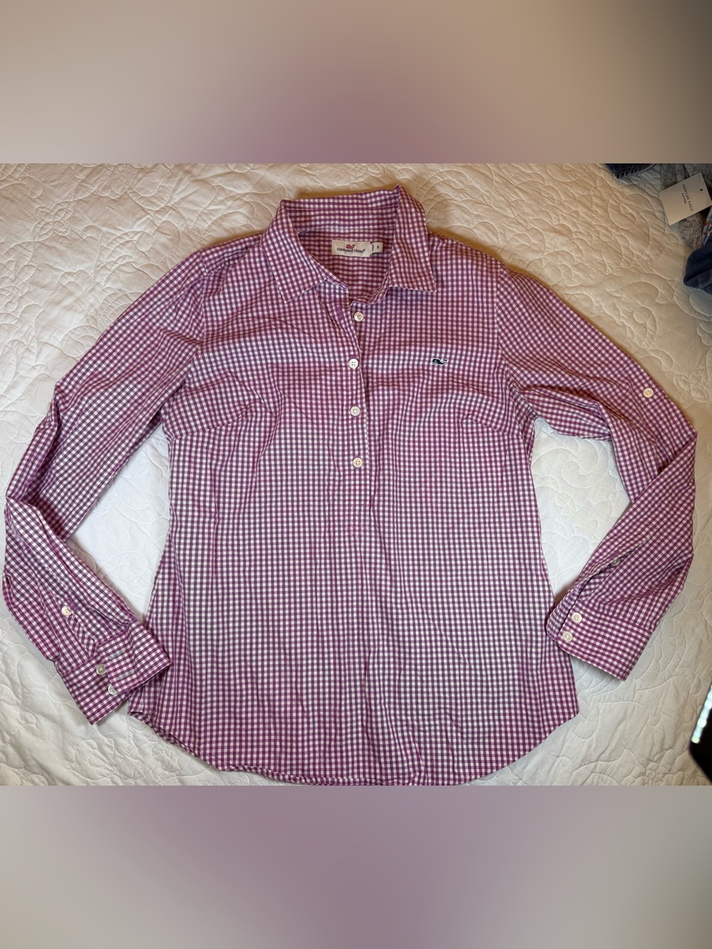 Vineyard Vines Women's Purple Gingham Plaid Popover Shirt, 100% Cotton. Size 8 - Picture 4 of 10